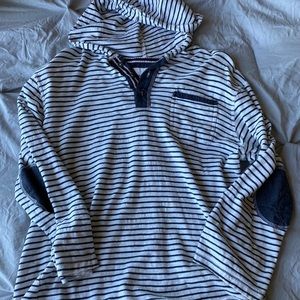 navy striped shirt with elbow patches and hood